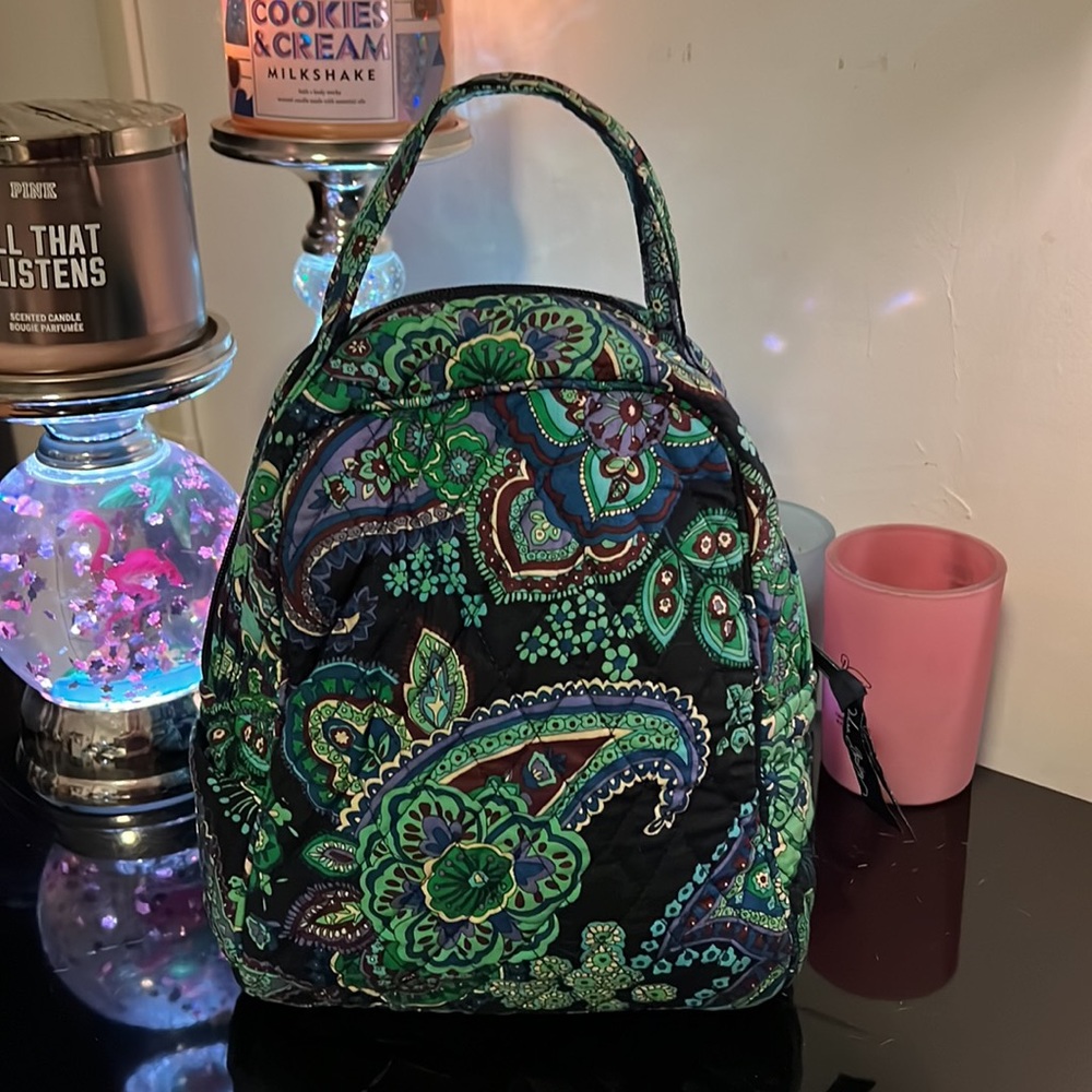 Vera Bradley green navy and purple cooler bag with id slot on side - Picture 3 of 5